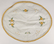 Vintage Hand Embroidered Oval Doily Daisy Floral Pattern Yellow White Green picture