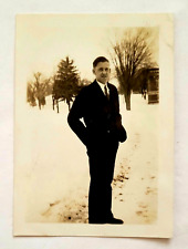 c1920s Winter in Michigan Man in Suit and Tie in the Snow Original Photo picture