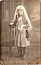 RPPC Young Girl Long Hair Veil Bow Boots Rosary Bible Church Studio P.UN. (N108) picture
