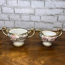 Antique Nippon Cream Jug & Sugar Bowl- No Lid Beaded Raised Gold Hand Painted picture