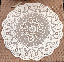 Vintage Round Fabric Lace Tablecloth Ivory Light Beige Cutwork picture
