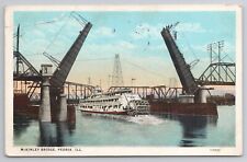 1927 Postcard McKinley Bridge Peoria Illinois IL Paddlewheel Riverboat picture