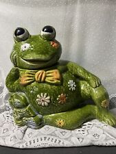 Frog Cookie Jar 70'S Reclining Ceramic Flower Power Large 10.5” Retro Vintage picture