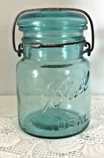 Vintage Quick Seal Jar Blue Aqua Glass Pint Canning Wire Clamp Closure “Ball” picture