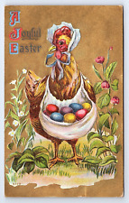 Postcard A Joyful Easter Rooster Bonnet Colored Eggs Embossed c.1910 picture