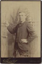 Cabinet Card Staged Young Man Standing At the Gate By Spurrs, Creston, Iowa. picture