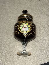Vintage Czech, Bohemian Amethyst Glass Hand Painted Pedestal Vase w/Lid picture