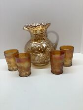 Antique Dugan Marigold Carnival Glass Pitcher & Glasses Grapes & Flowers C. 1910 picture