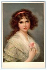 c1910's Pretty Woman Curly Hair Holding Flower Studio Portrait Munk Postcard picture