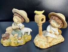 VTG Ceramic Set of 2 Figurines, Boy w/ Lamb & Girl w/ Bird, Spaghetti Hair picture
