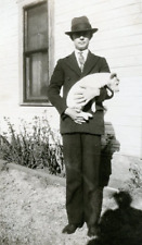 X542 Original Vintage Photo YOUNG MAN HOLDING PUPPY, Hobart OK picture