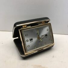 Vintage Elgin Travelers Wind Up Alarm Clock With Case Gold Trim Date Month Day picture