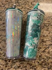 Starbucks 24oz Green/Teal/White Fox Topper & Holiday Enchanted Forest Tumblers picture