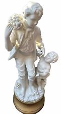 Porcelain Statue Figure on Stand Antique Parian Ware Bisque Man and Child 13.5in picture