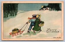 1918 Campbell Art Co. Christmas postcard RUTH NEWTON kids w/sled at night picture