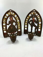 Vintage JZH 1952 Cast Iron Trivets wall hanging Lot  2 w candle holder painted picture