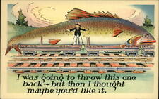 Throw This One Back ~ comic exaggeration big fish ~ railroad car~ 1930s postcard picture