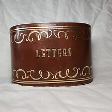Vintage Brown Oval Faux Leather Mail Letter Holder Office Caddy Gold Accents 8