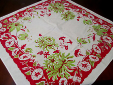 Red Lime Green Vintage FLORAL Cotton Print Tablecloth~Morning Glories Mums Lily picture