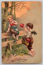 Postcard Valentine's Day Angel Carrying Basket Of Hearts Offer To Girl 1907 picture