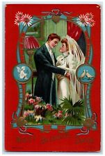 c1910's Couple Wedding Romance Flowers Cupid Angel Birds Embossed Postcard picture
