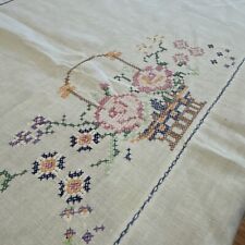 Fine Linen Square Tablecloth Hand Embroidered Cross Stitch Baskets Flowers VTG picture