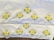 Vintage Pair of Hand Crocheted White W/ Yellow Flowers Pillowcases 21x32 picture