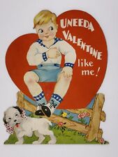 Antique Uneeda Valentine Like Me Card Boy On Fence W/ Pup picture