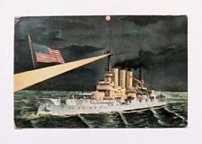 United States Military Ship At Night  Searchlight Postcard 1910 Sailors On Deck picture