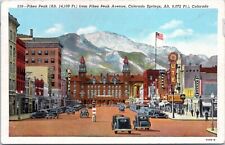 Pikes Peak Avenue, Colorado Springs, CO- c1930s Linen Postcard- Hotels, Old Cars picture