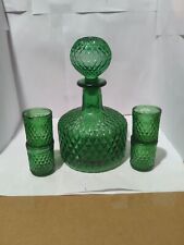 Vintage Empoli Glass Italian Green Dmnd Cut Round Whiskey Decanter + 4 Glasses picture