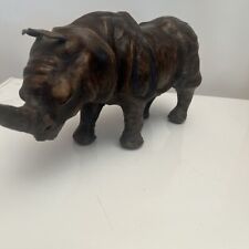 Vintage Brown Leather Ears Wooden Rhinoceros Statue Sculpture 13” Length picture