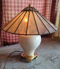 Vintage Crescent Brass Stained Swirl Glass Bedside Table Lamp Nightlight  picture