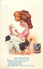 Postcard The Manicurist Big Head Woman Clips Mans Nails Flatters Rich Man picture