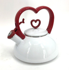 VTG Red Heart White Enameled Whistling Tea Kettle Teapot Wedding Bridal Gift picture