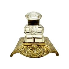 Antique Cut Crystal Inkwell with Brass Stand Half moons and Lion Head Motif   picture
