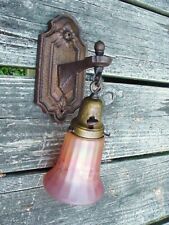 Gothic Arts & Crafts Hammered CI Brass Electric Wall Sconce CARNIVAL GLASS SHADE picture