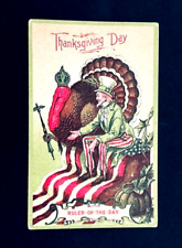 Unique Green Suit Patriotic Uncle Sam & Turkey Thanksgiving Postcard r8 picture