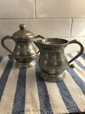 Vintage Set Of Pewter Sugar And Creamer With Spoon picture