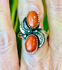 Lovely Native American Sterling and Double Coral Leaf Ring Size 5 1/2 picture