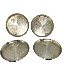 Lot 4 Vintage Aluminum Coasters 2 Ducks Flying Cat Tails Grass picture