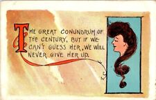 vintage postcard- T HE GREAT CONUNDRUM OF THE CENTURY - woman posted 1909 picture