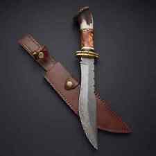 Custom Handmade Damascus Steel Hunting Bowie Knife with Leather Sheath picture