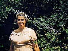 1959 Young Woman Polkadot Dress Backyard Kodachrome 35mm Slide picture
