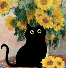 🐈‍⬛Monet Sunflower painting canvas wall Art. Funny black Cat. Must L@@k❤️ picture