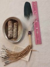 Faux Bald Eagle Prayer Fan, Smudge Set, abalone, gray and white sage bef1 picture