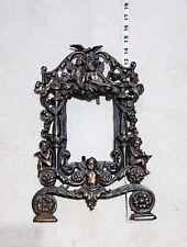 Antique Cast Iron Signed Mirror Frame, Cherubs for Table, Wall w/ Folding Leg picture
