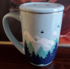 DavidsTea Ski Mountain Nordic Tea Coffee Mug Infuser Cable Cars Blue NEW MARKED picture