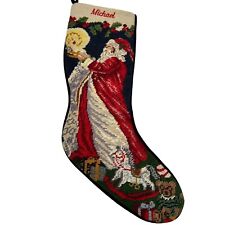 Lands End Needlepoint Embroidered Christmas Stocking Wool Santa Red 21” Michael picture