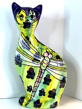 Turov Art Ceramics Handpainted Cat & Dragonfly Figurine Signed Large EUC picture